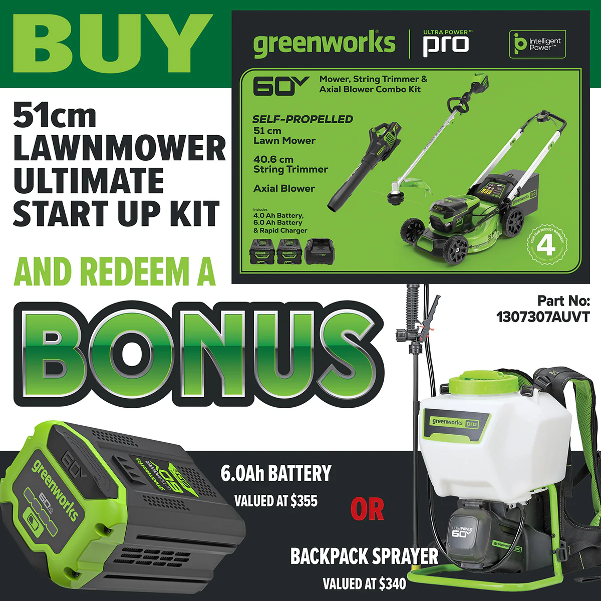 Greenworks LMC420 60V 51cm Lawnmower Ultimate Start Up Kit [1307307AUVT] - Comes with SP lawnmower, blower, string trimmer, batteries and a charger.