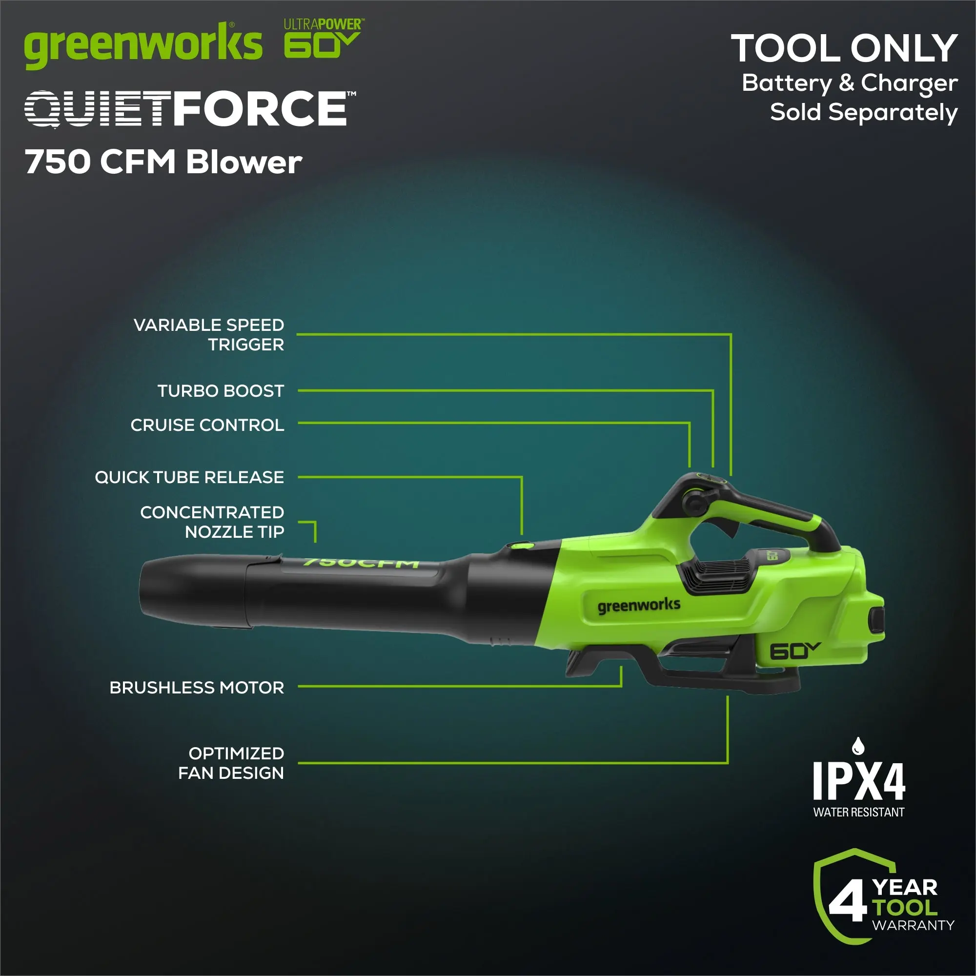 Greenworks BL60L03 60V Pro 750 CFM Air Blower - Delivers an incredible blowing force of 290km/h max air speed. - Image 3