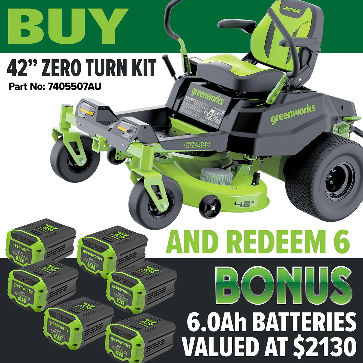 Greenworks CRZ426 60V Gen 1.5 42” Zero Turn Mower [7405507AU]